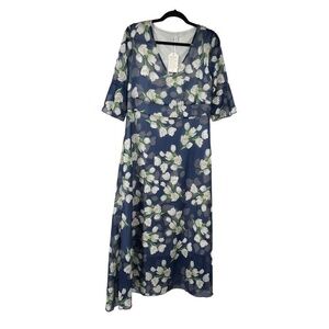 Blue White‎ Tulip Floral V Neck Lined Dress